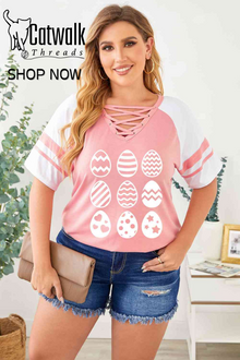  Plus Size Easter Egg Graphic Crisscross Tee Shirt