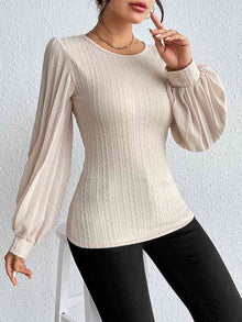  Pleated Puff Sleeve Round Neck Blouse