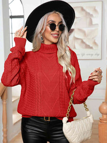  Turtleneck Cable-Knit Long Sleeve Sweater