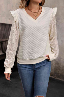  V-Neck Ruffle Trim Long Sleeve Sweatshirt