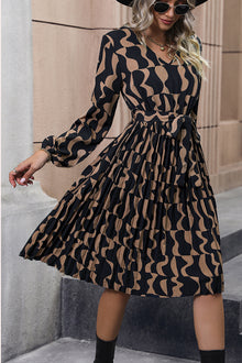  Lace Trim Long Sleeve Tie Waist Dress