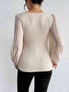 Pleated Puff Sleeve Round Neck Blouse