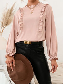  Frill Round Neck Flounce Sleeve Blouse