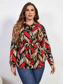  Plus Size Printed Collared Neck Tie Waist Long Sleeve Shirt