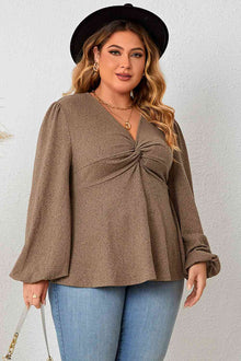  Plus Size Twist Front Balloon Sleeve Blouse